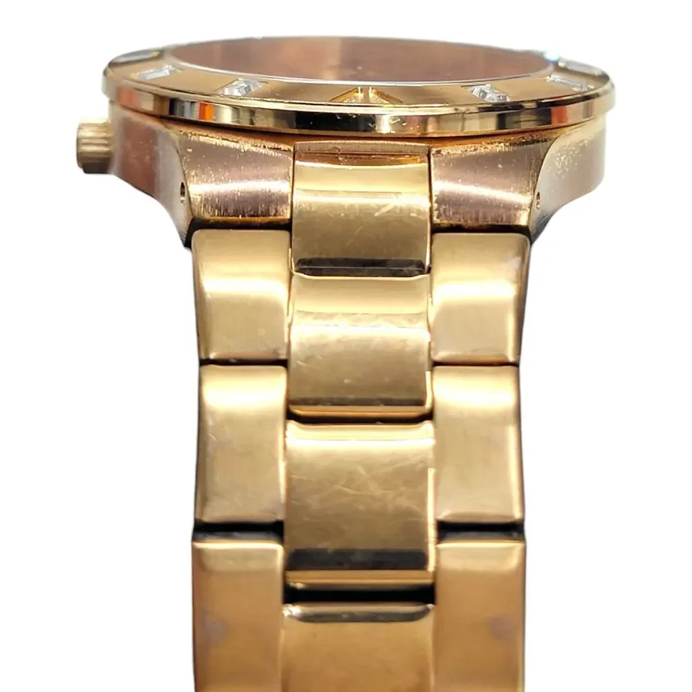 Guess Waterpro Womens Watch Rose Gold Tone Baguette Crystal Bezel Day Date